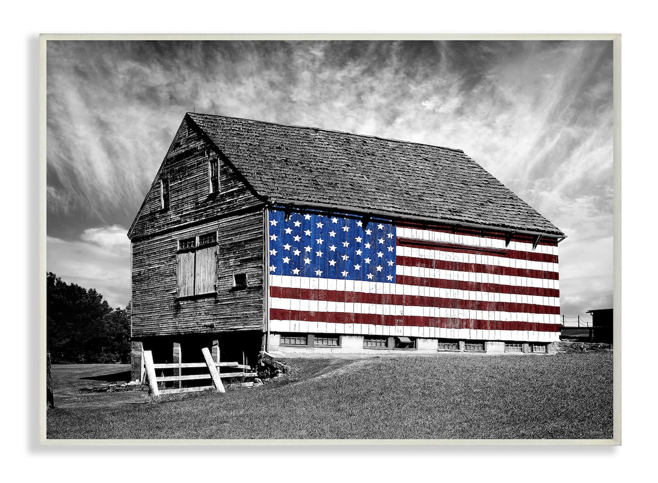 Stupell Industries Black & White Barn with American Flag Wall Plaque